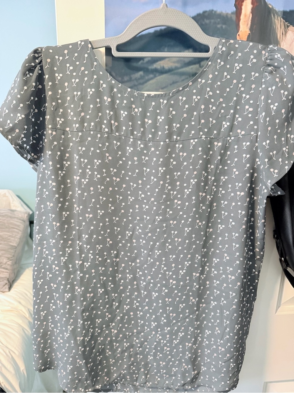 LOFT Gray Blouse with White Floral Dot Print